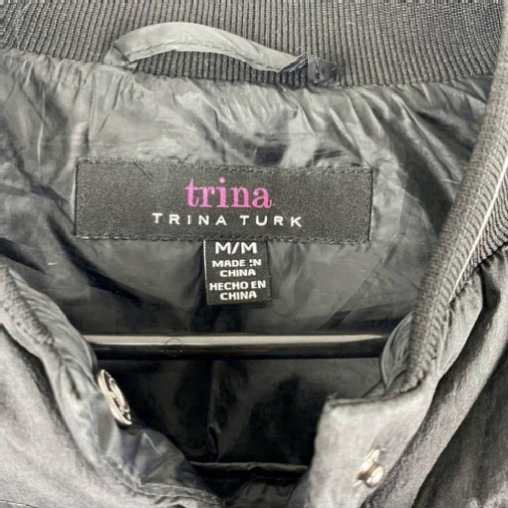 Trina Trina Turk Black Quilted Down Baseball Bomber Style Puffer Jacket Size M - Picture 4 of 8